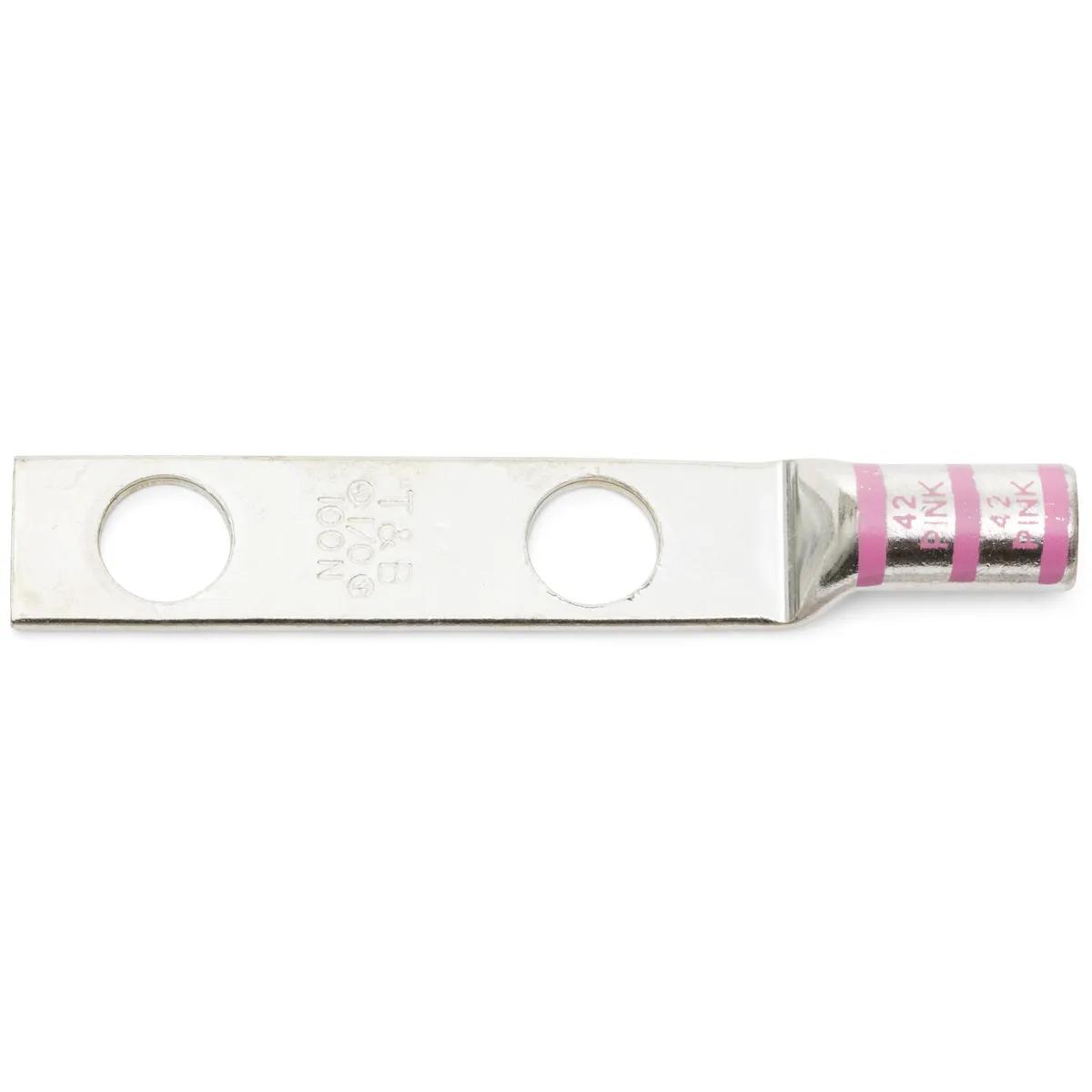 1/0 AWG, 1/2" Stud Pink T&B Long Barrel Industrial Double Hole Lug - 2 Pack