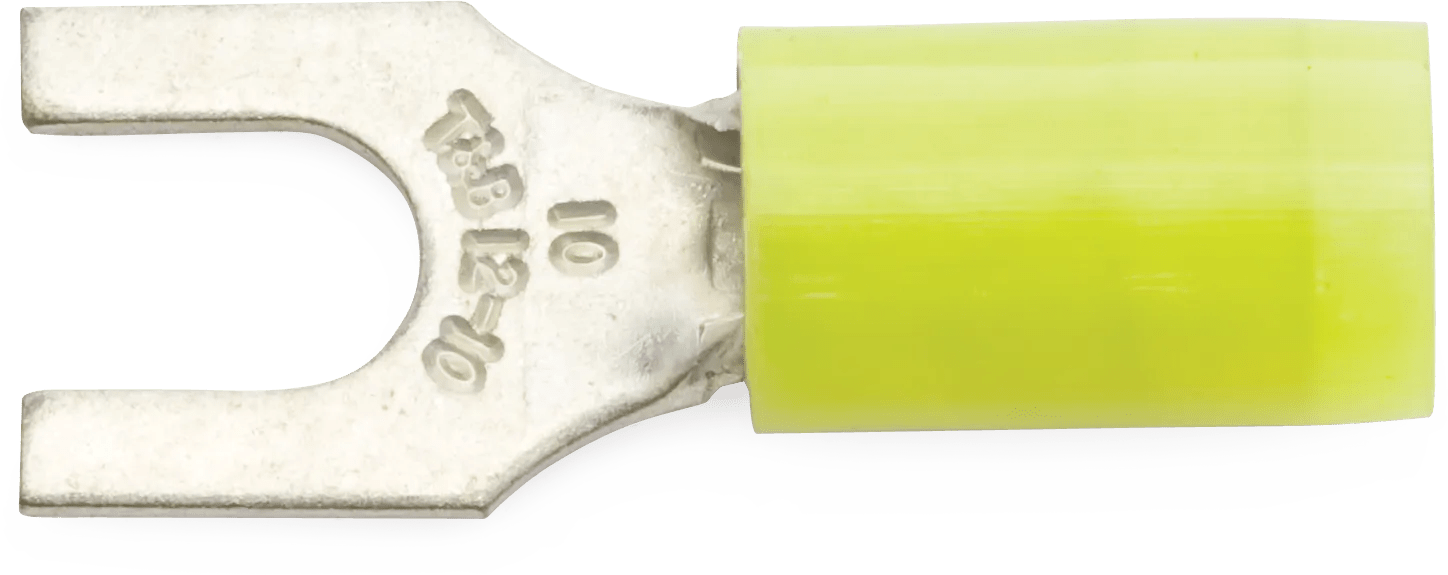 12 - 10 AWG Yellow #10 Nylon Insulated Sta-Kon® Fork Terminal - 50 Pack