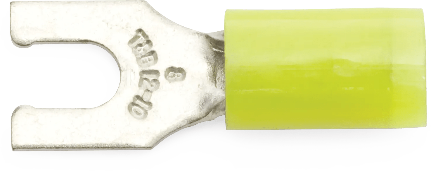 12 - 10 AWG Yellow #8 Nylon Insulated Sta-Kon® Locking Fork Terminal - 50 Pack