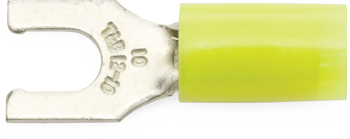 12 - 10 AWG Yellow #10 Nylon Insulated Sta-Kon® Locking Fork Terminal - 50 Pack