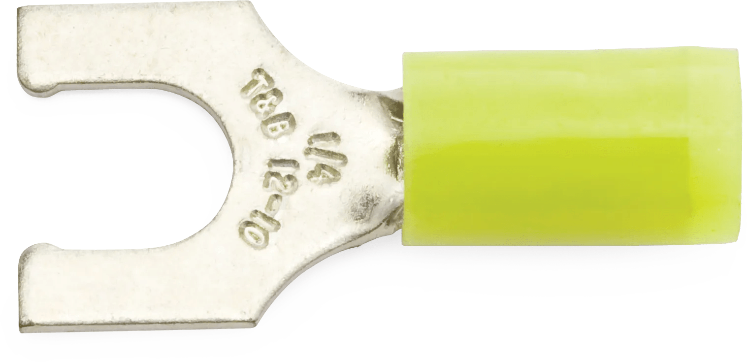 12 - 10 AWG Yellow 1/4" Nylon Insulated Sta-Kon® Locking Fork Terminal - 50 Pack