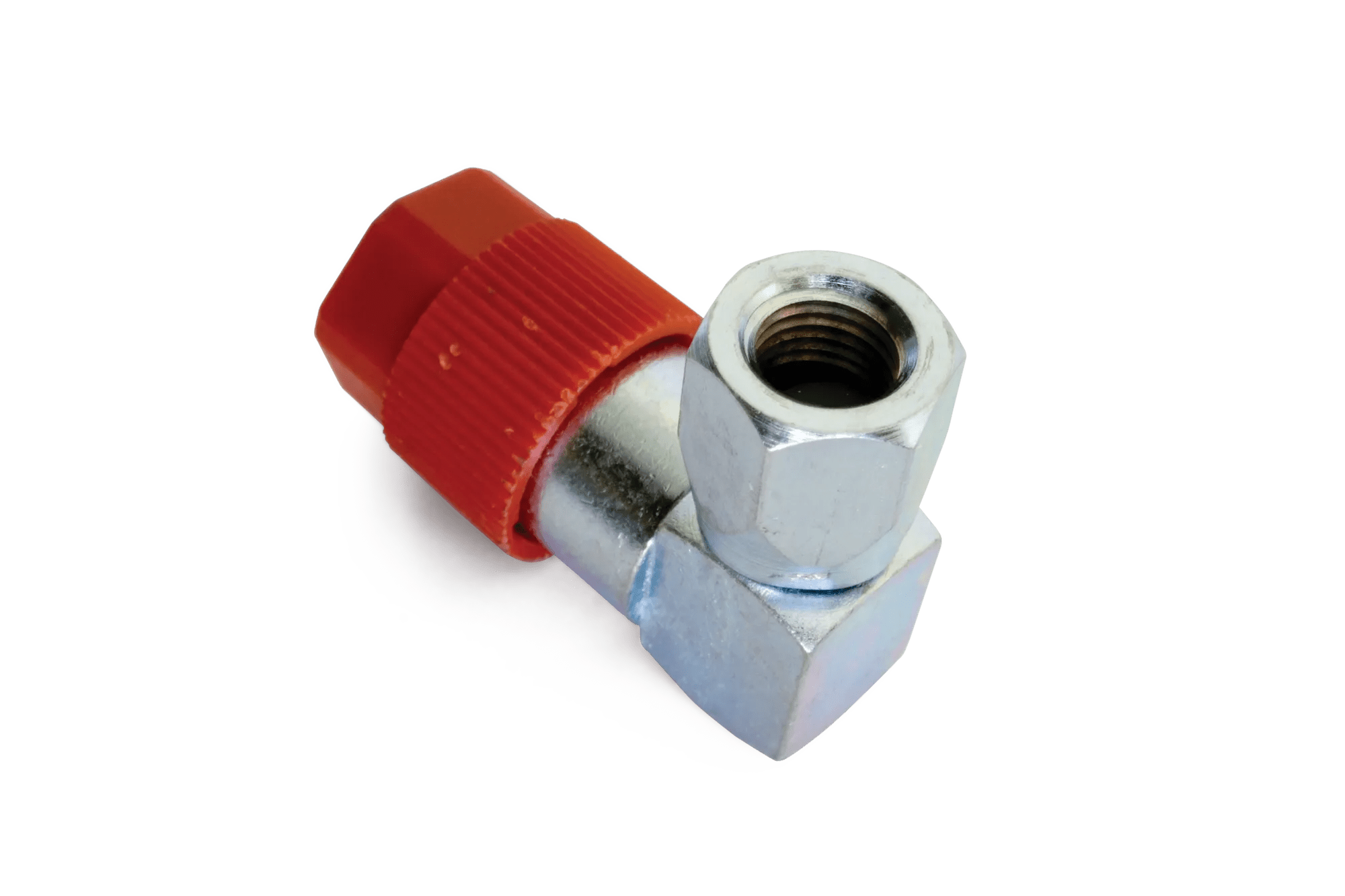 RC134A 90° High Side Adapter w/ M8 x 1 Red Cap & Core