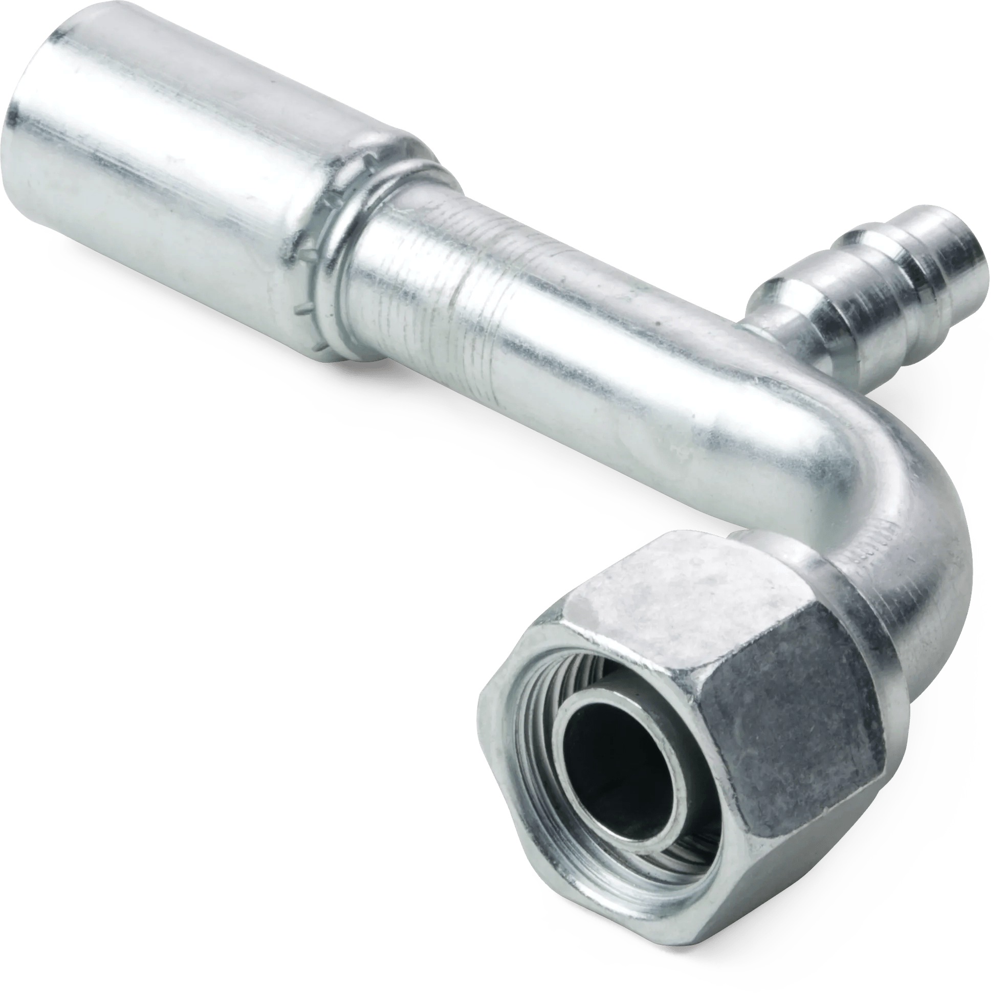 Bumped Tube O-Ring Female Swivel 90° Elbow w/ R134a Side Charge Port - 757 E Series