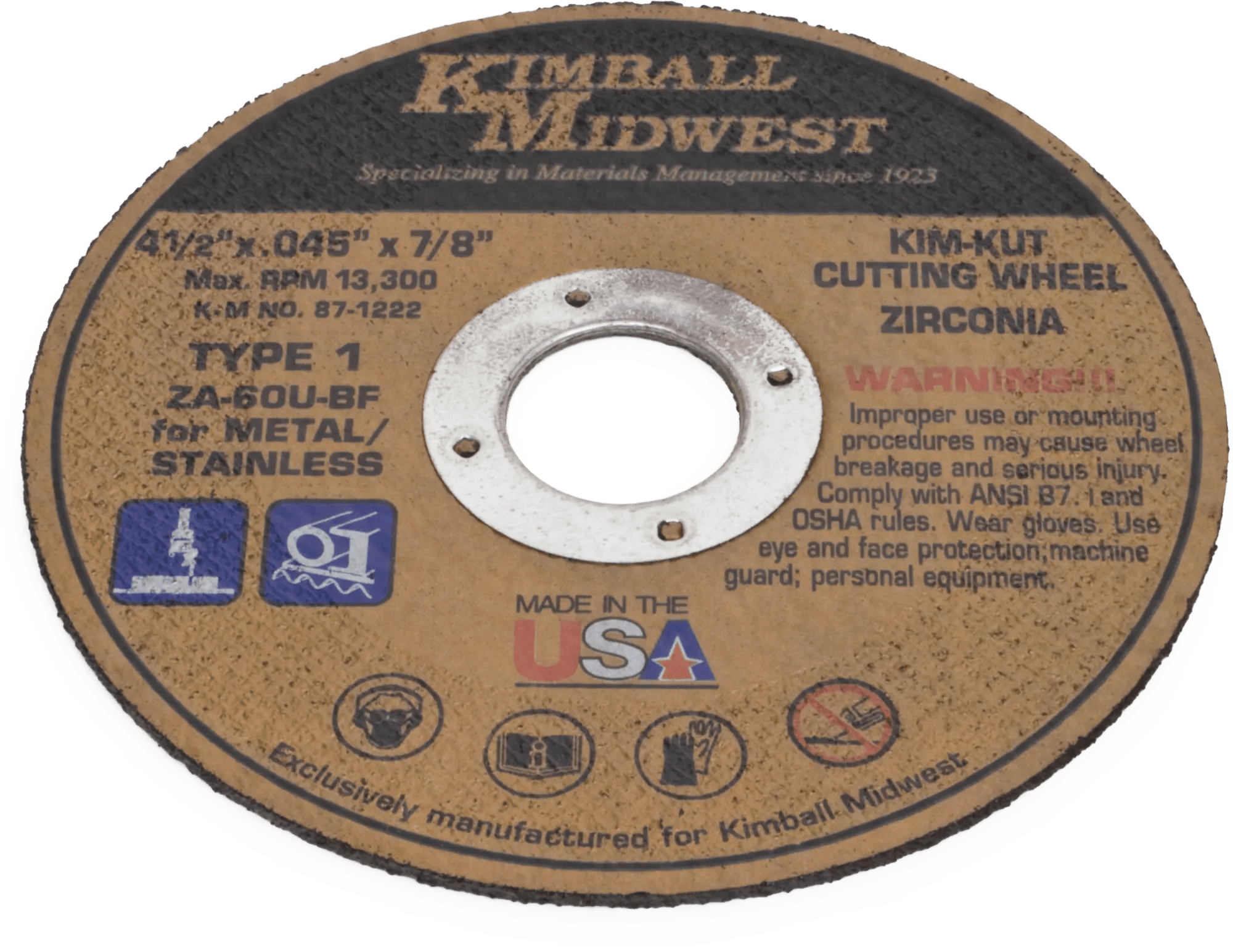 4-1/2" x .045" x 7/8" Kim-Kut™ Type 1 Zirconia Cut-Off Wheel - 5 Pack