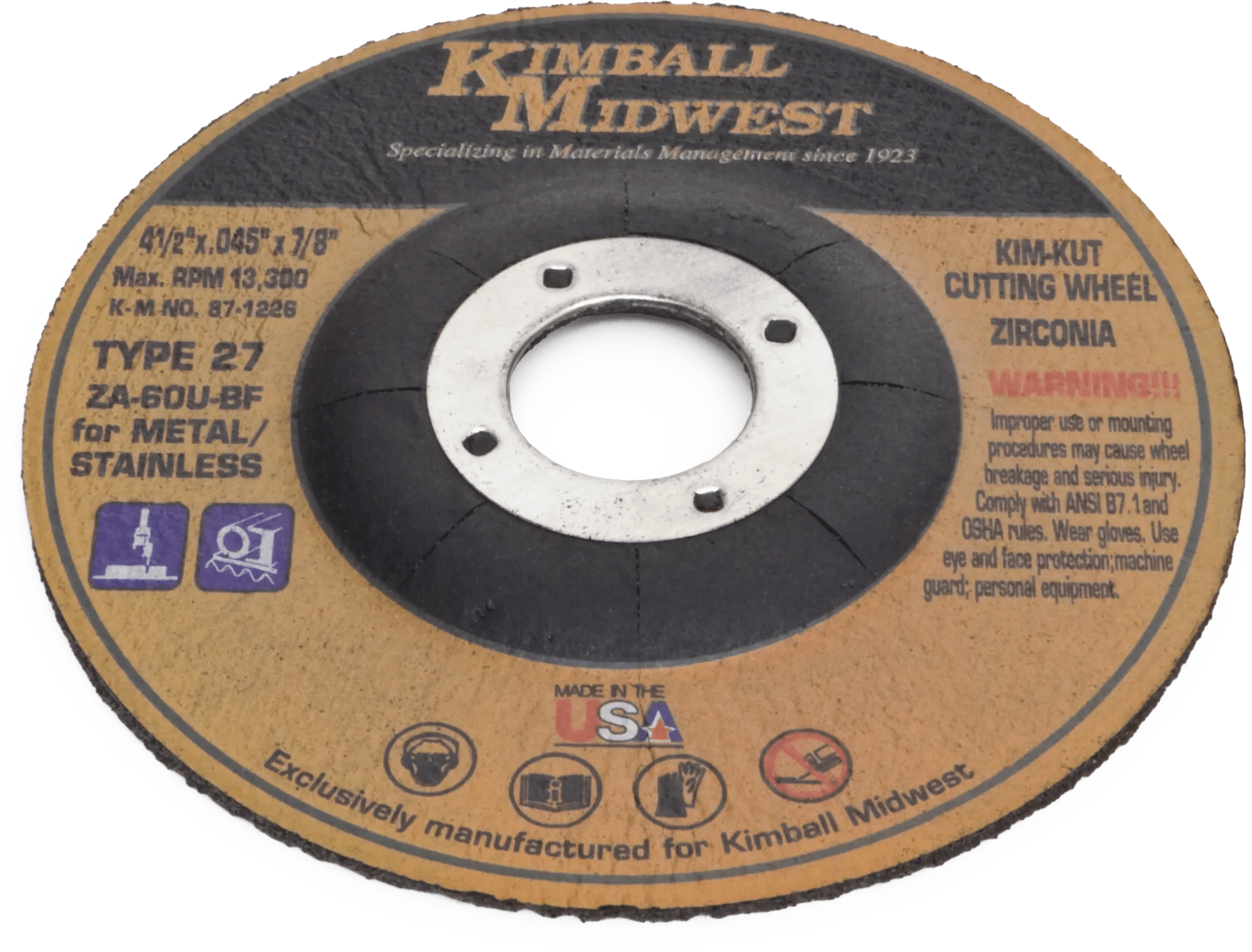 4-1/2" x .045" x 7/8" Kim-Kut™ Type 27 Zirconia Cut-Off Wheel