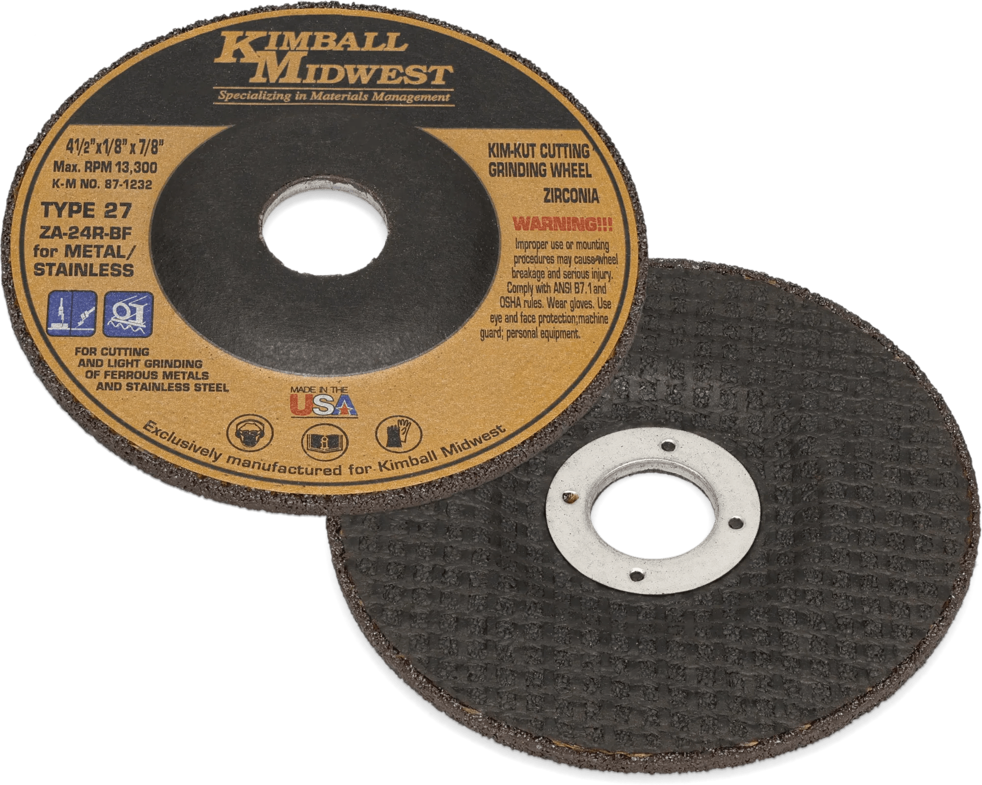 4-1/2" x 1/8" x 5/8"-11 Kim-Kut™ Type 27 Zirconia Grind & Cut Wheel