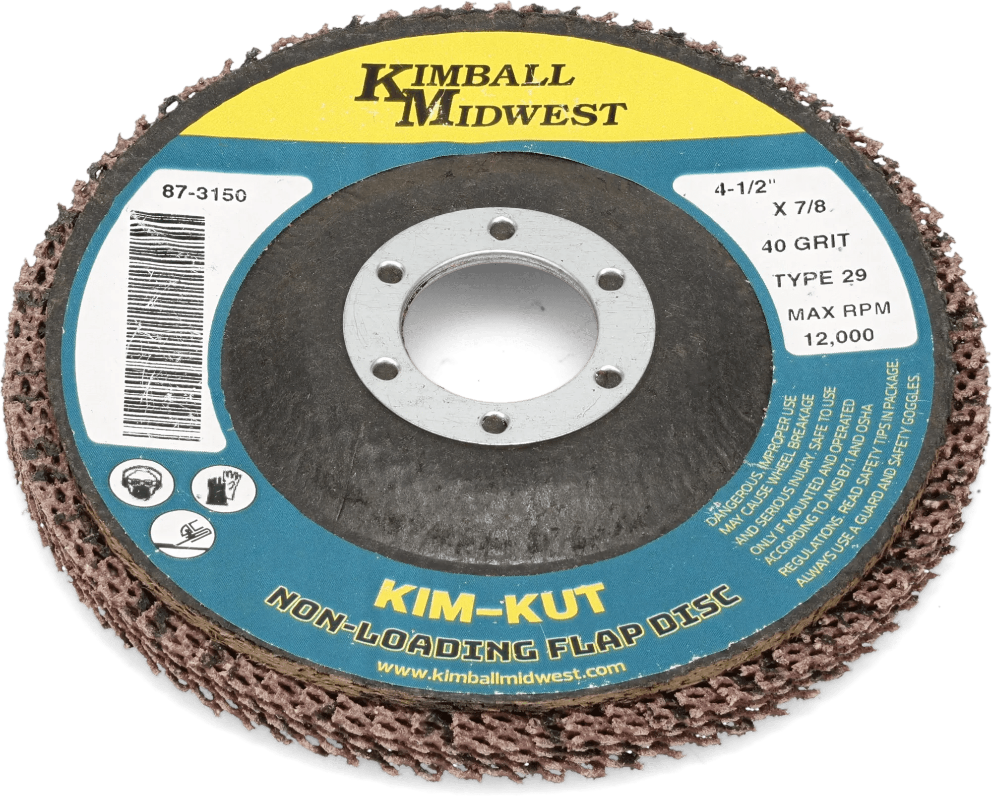 4-1/2" x 7/8" 40 Grit Type 29 Kim-Kut™ Non-Loading Aluminum Oxide Flap Discs