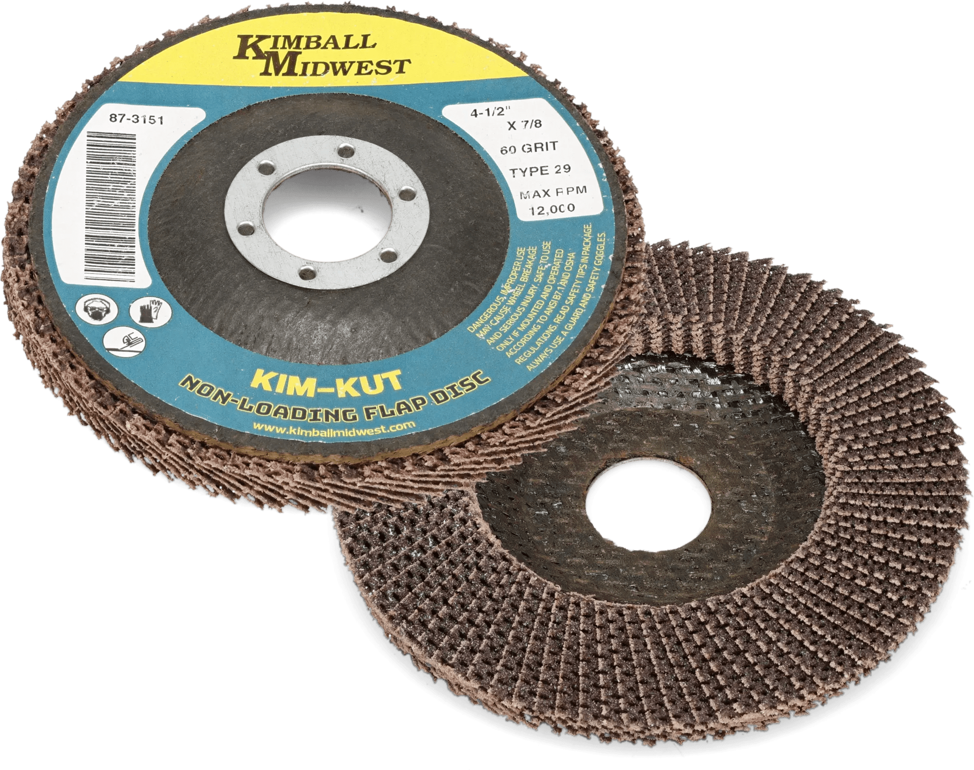 4-1/2" x 7/8" 60 Grit Type 29 Kim-Kut™ Non-Loading Aluminum Oxide Flap Discs