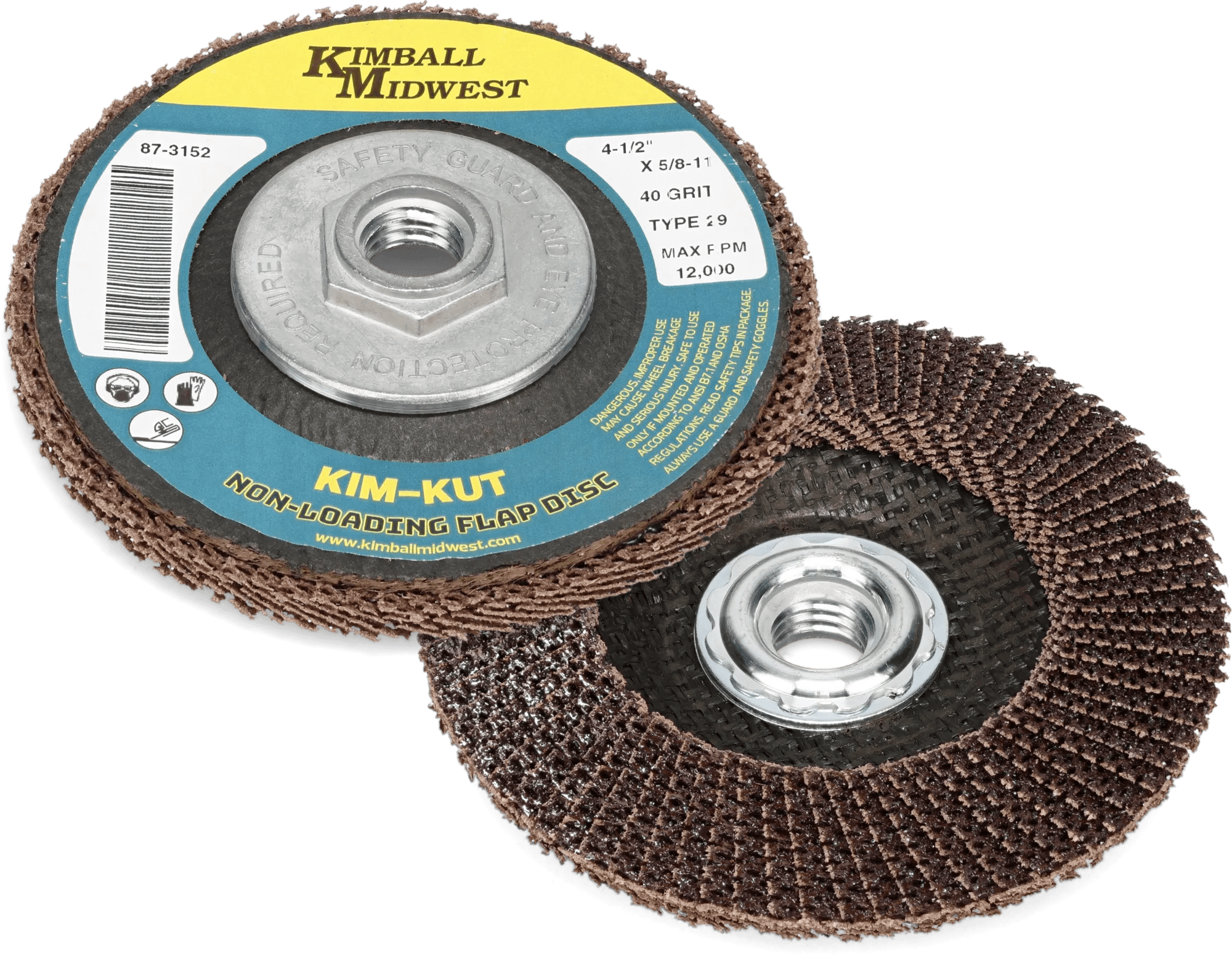 4-1/2" x 5/8"-11" 40 Grit Type 29 Kim-Kut™ Non-Loading Aluminum Oxide Flap Discs