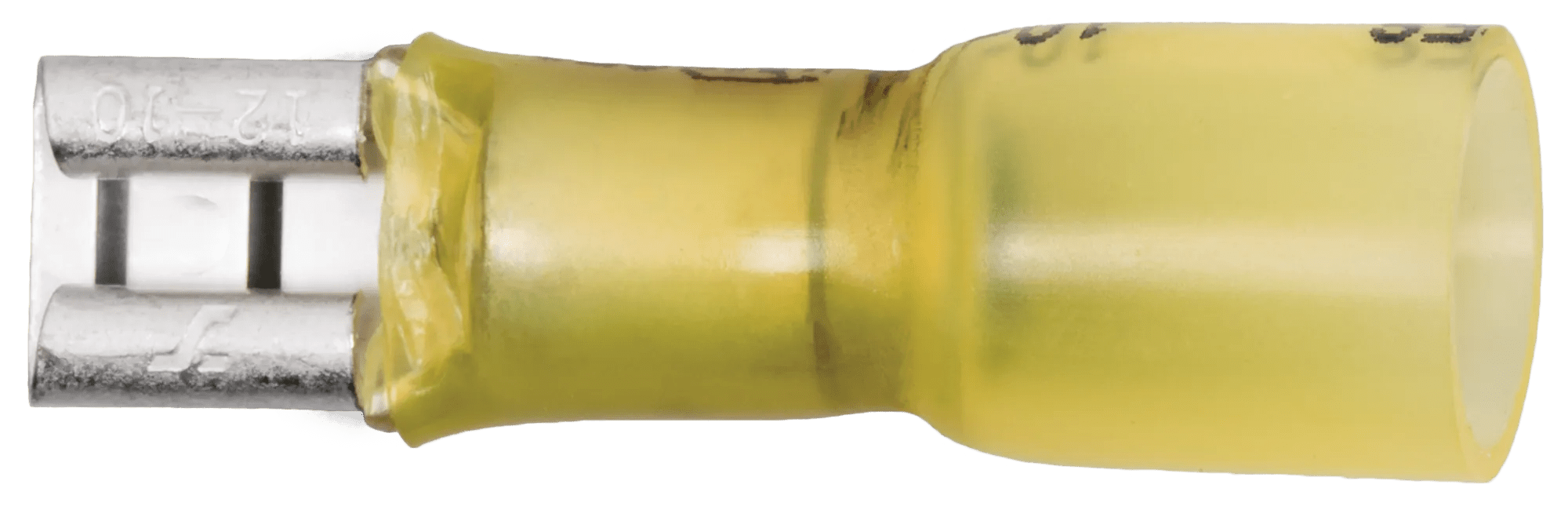 12 - 10 AWG Yellow Polyolefin Insulated Ultra-Link Crimp & Solder (1/4" Tab) Female Quick Slide Terminal - 20 Pack
