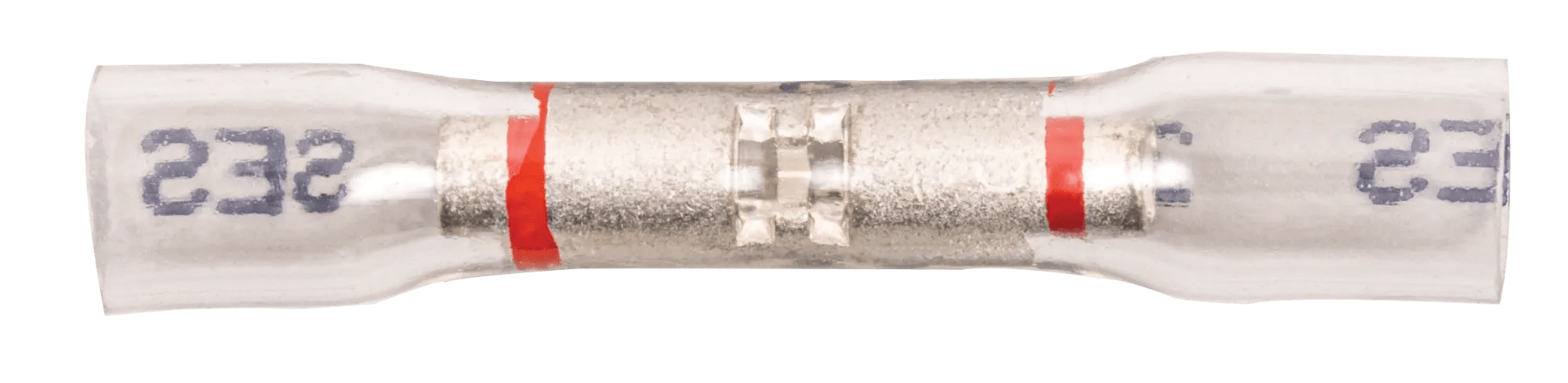 22 - 18 AWG Clear with Red Stripe Nytrex Fully Insulated Heat Shrink Window Butt Connector
