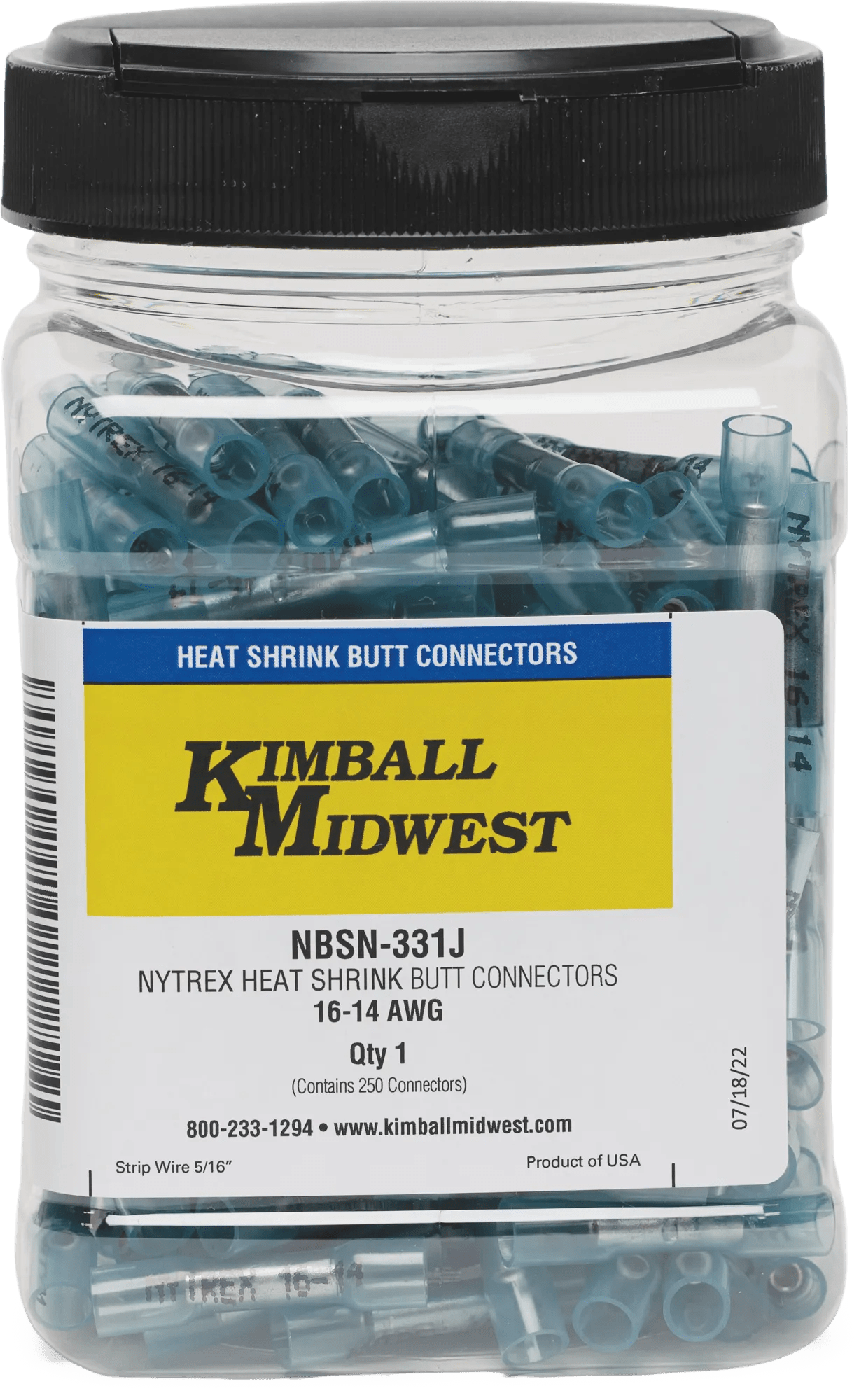 16 - 14 AWG Blue Pro-Tech™ Nytrex Fully Insulated Heat Shrink Butt Connector with Dispenser Jar - 250 Pack