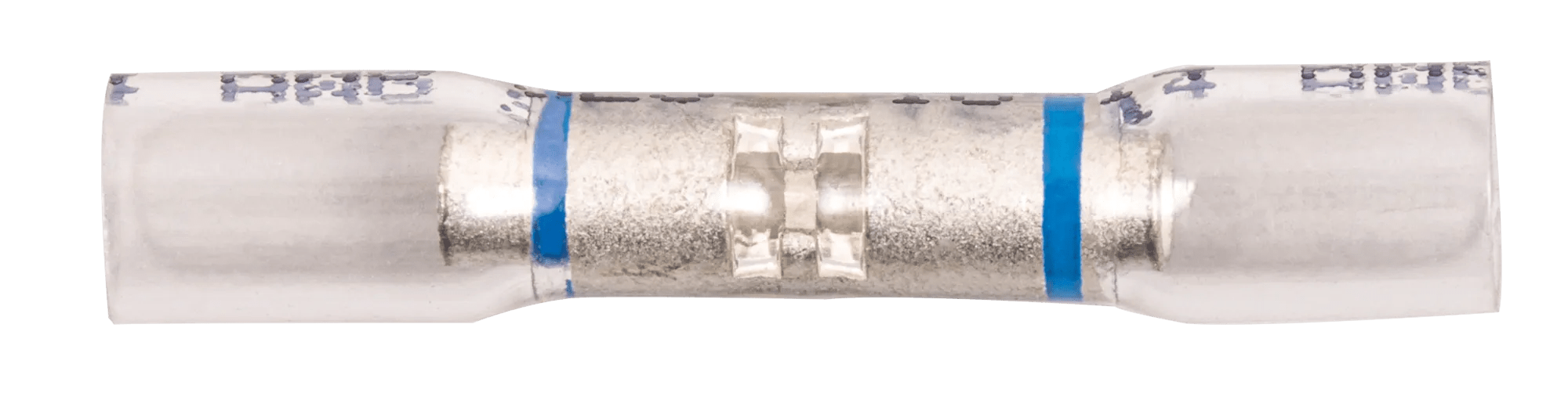 16 - 14 AWG Clear with Blue Stripe Fully Insulated Nytrex Heat Shrink Window Butt Connector