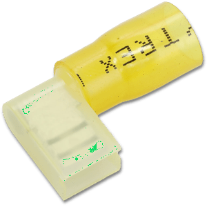 12 - 10 AWG Yellow Fully Insulated Pro-Tech™ Nytrex (1/4" Tab) Right Angle "Flag" Female Quick Slide Terminal - 25 Pack