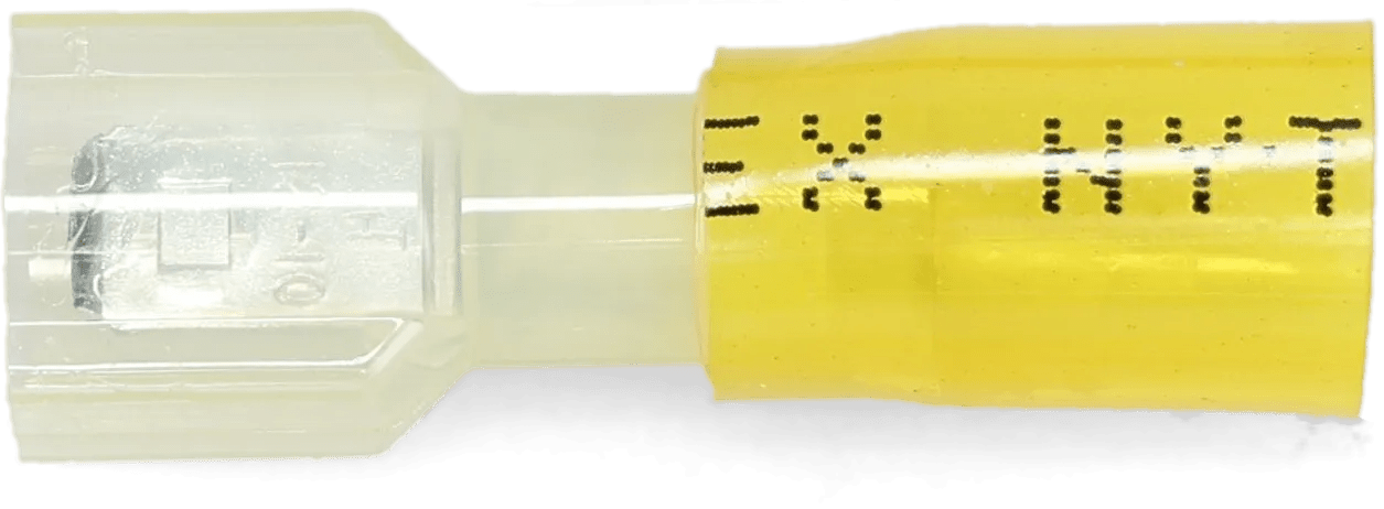 12 - 10 AWG Yellow Pro-Tech™ Nytrex Fully Insulated Heat Shrink (1/4" Tab) Male Quick Slide Terminals - 25 Pack