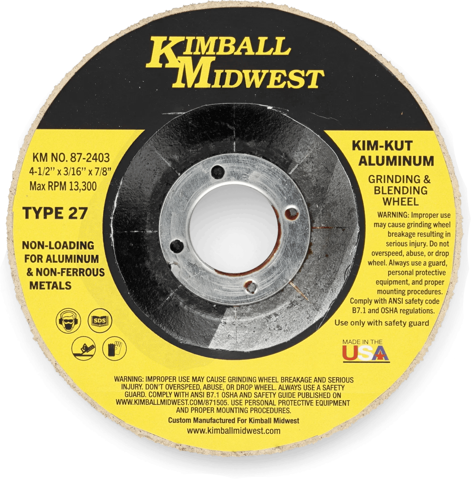 4-1/2" x 3/16" x 4/8" 36 Grit Kim-Kut™ Aluminum Grinding Wheel - 5 Pack