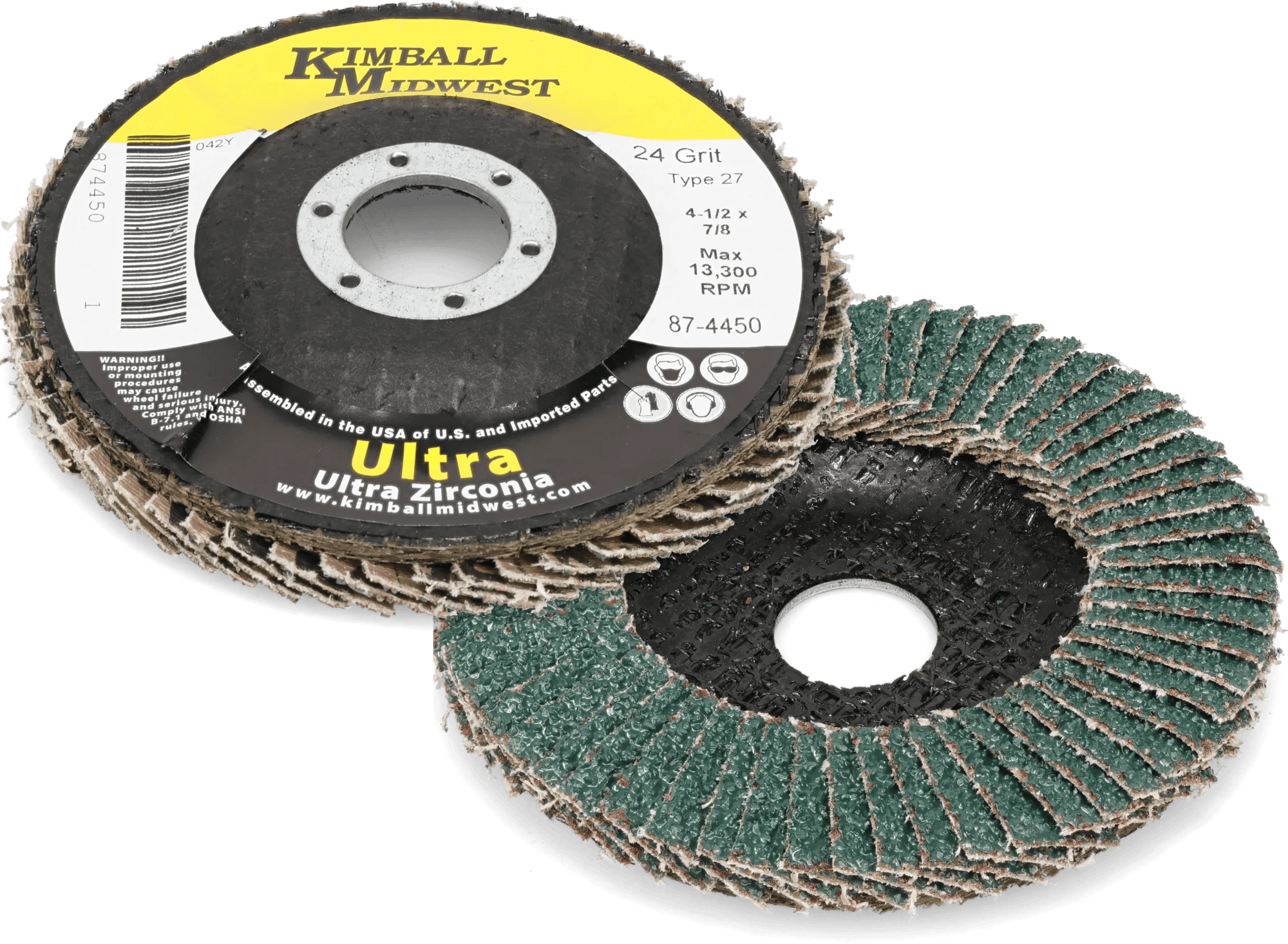 4-1/2" x 7/8" 24 Grit Type 27 Fiberglass Back Ultra Zirconia Flap Disc - 5 Pack