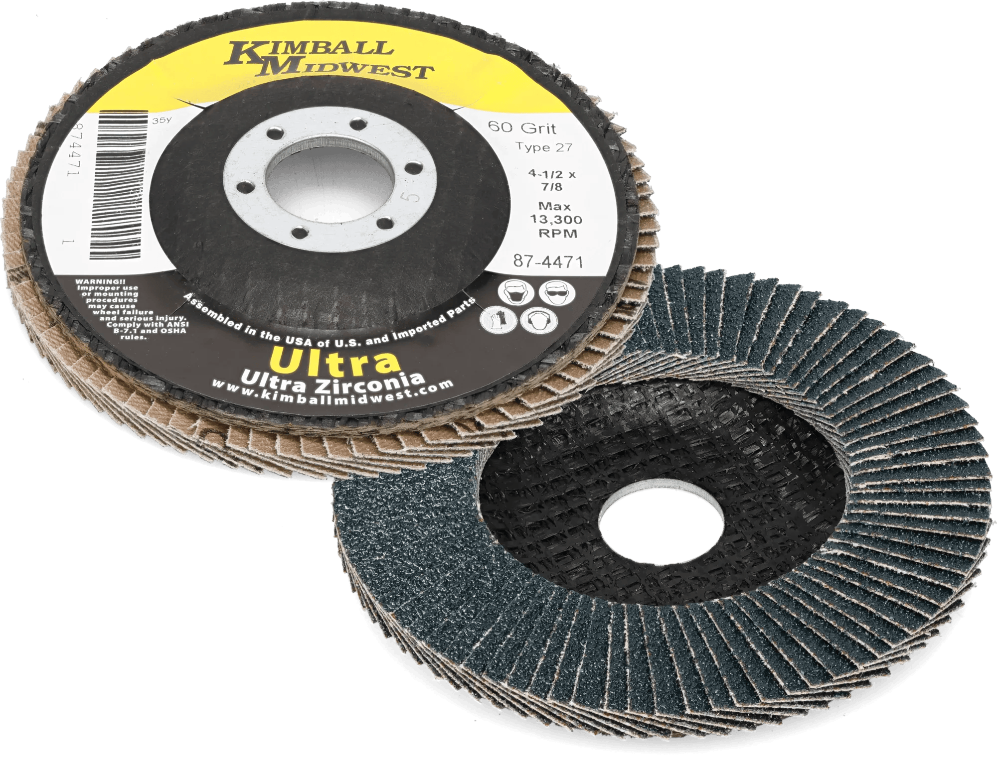 4-1/2" x 7/8" 60 Grit Type 27 Fiberglass Back Ultra Zirconia Flap Disc - 10 Pack