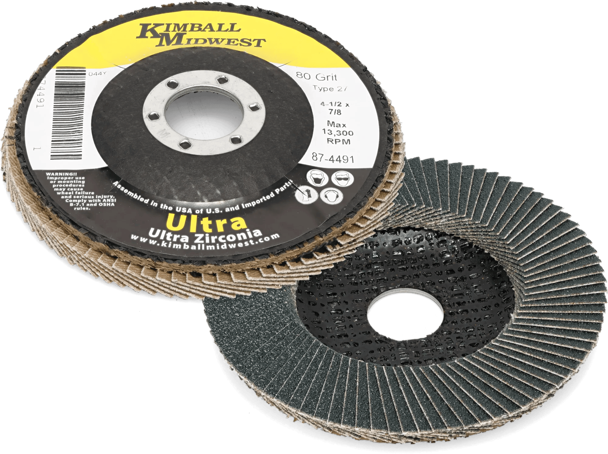 4-1/2" x 7/8" 80 Grit Type 27 Fiberglass Back Ultra Zirconia Flap Disc - 10 Pack